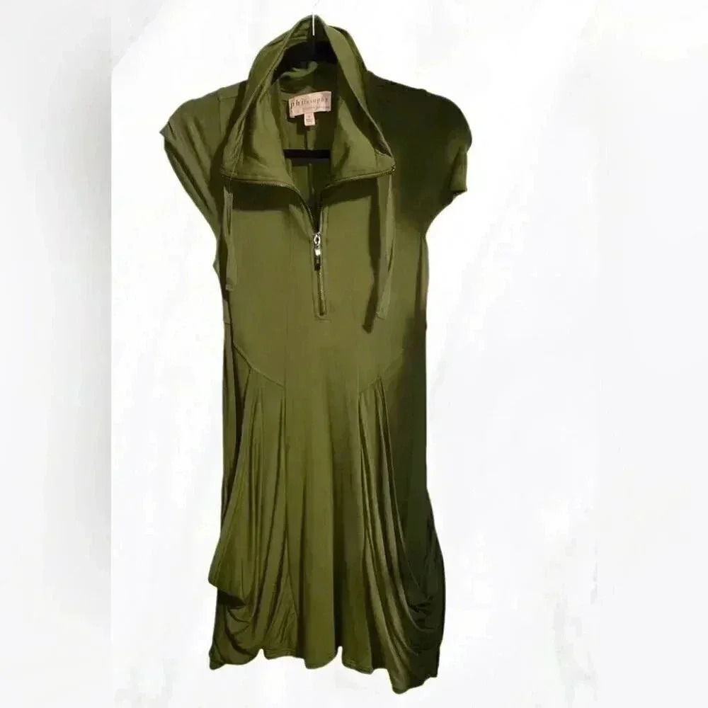 Philosophy stretchy cap sleeve 1/2 zip green slouchy pocket midi dress S - Picture 2 of 5